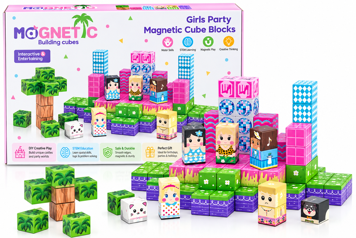 Magnetic Building Cubes.  Pink Girls Party theme. 135pcs