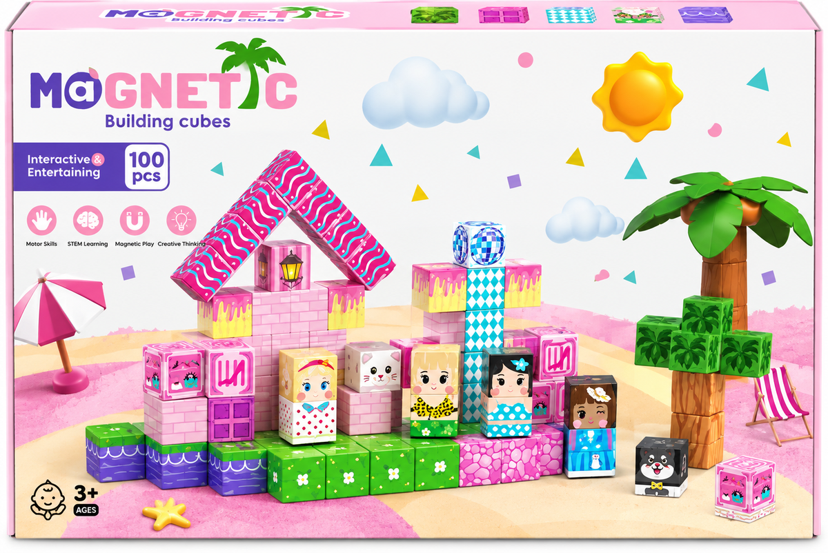 Magnetic Building Cubes. Pink castle. 100 pcs