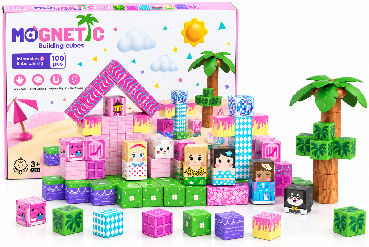 Magnetic Building Cubes. Pink castle. 100 pcs