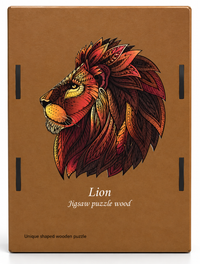 Wooden jigsaw puzzle in wooden box. Lion