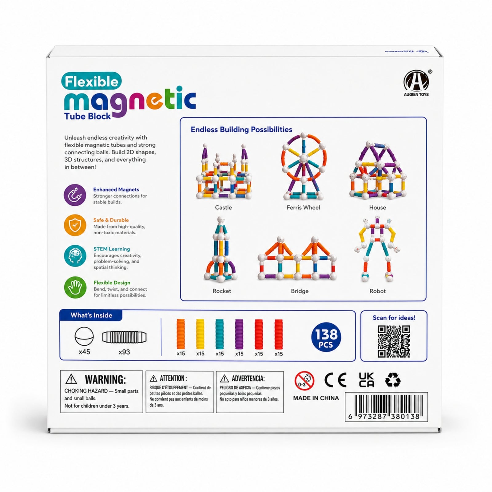 138-Piece Flexible Magnetic Tube Building Block Set