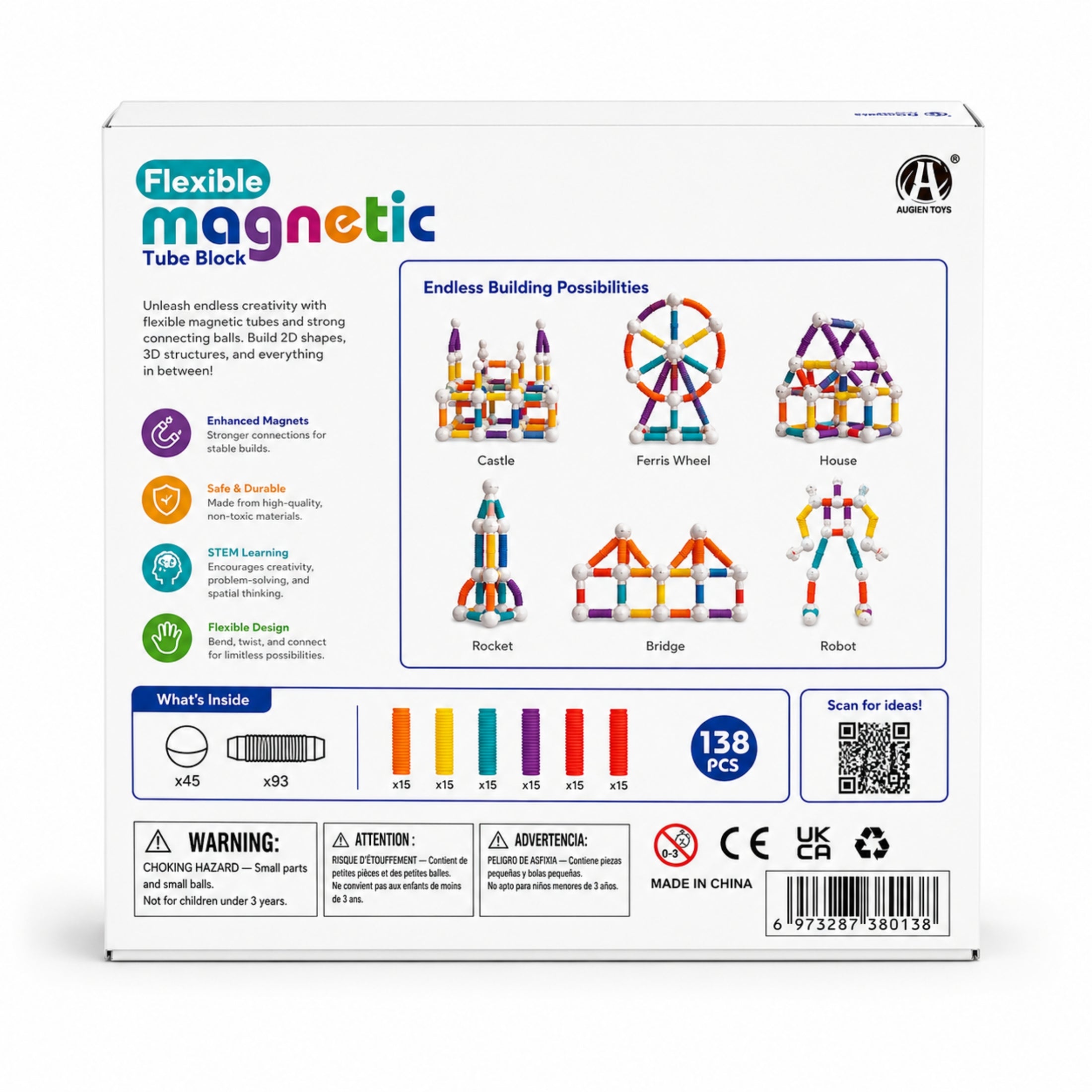 138-Piece Flexible Magnetic Tube Building Block Set
