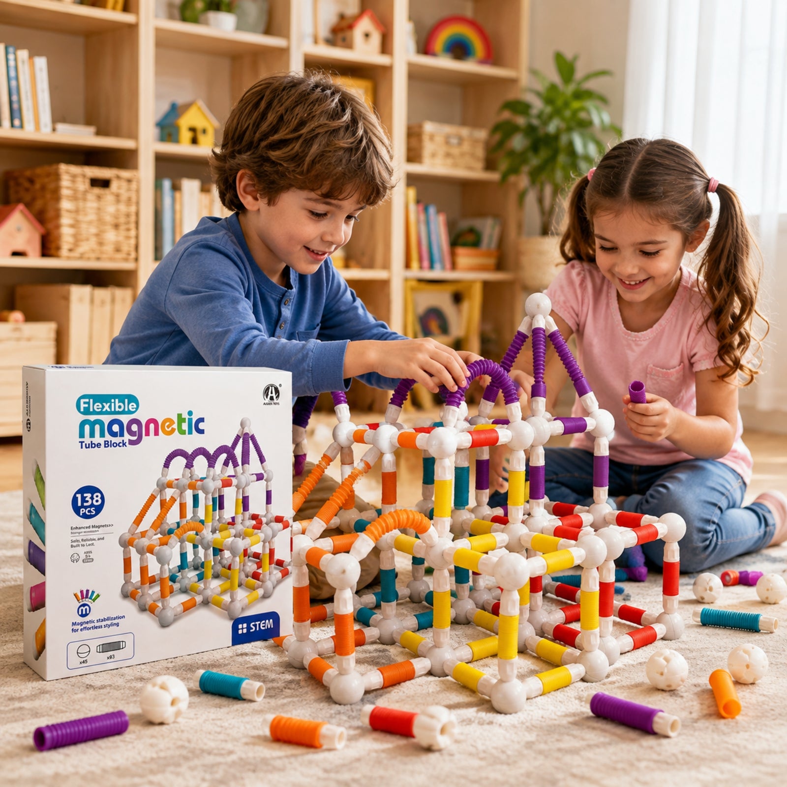 138-Piece Flexible Magnetic Tube Building Block Set