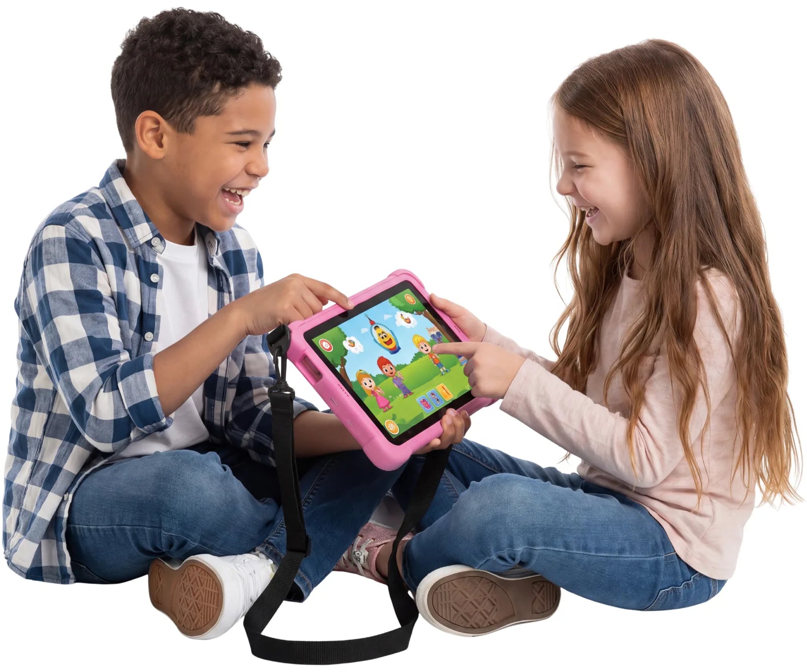Two children laughing while playing on a Bubblegum tablet